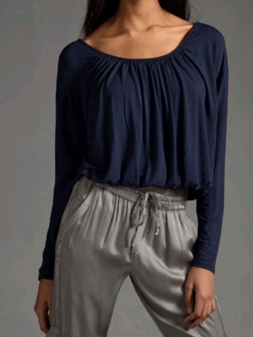 Anthropologie Maeve Navy Blue Long Sleeve Bubble Hem Top XS/SMALL